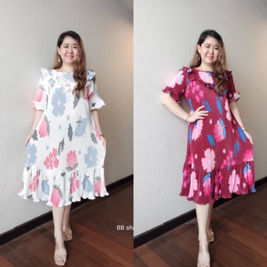 แฟชั่นชุดแนวอัดพลีทพิมพ์ลาย คอกลมแขนสั้นรุ่นมีกระเป๋ากระโปรงย้วยปลายลายสวยตรงปก สาวอวบใส่สวย คลุมท้องได้ รหัสเดรสs4