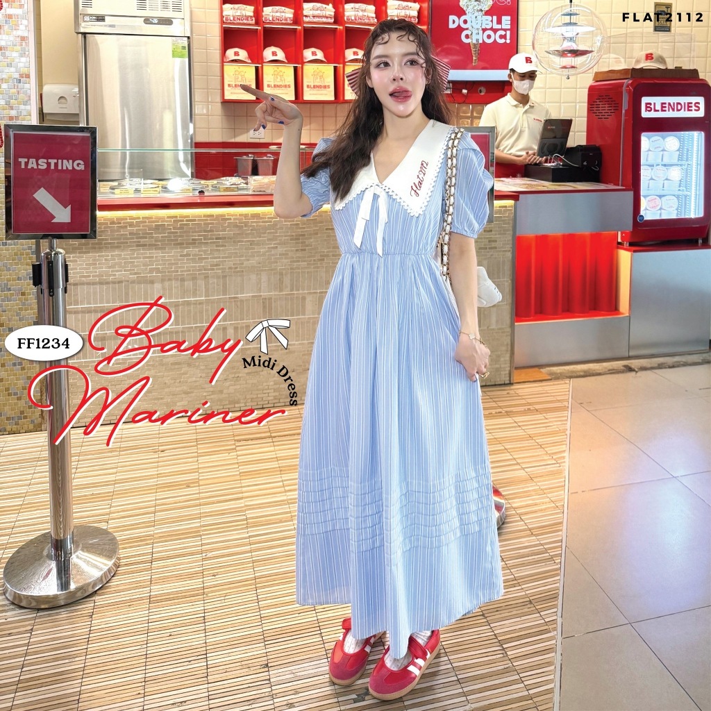 FLAT2112 : BABY MARINER MIDI DRESS  เดรสยาวสุดเก๋ คอปกเเฟชั่น เดรสใส่เที่ยว  มีพลัสไซซ์ (FF1234)