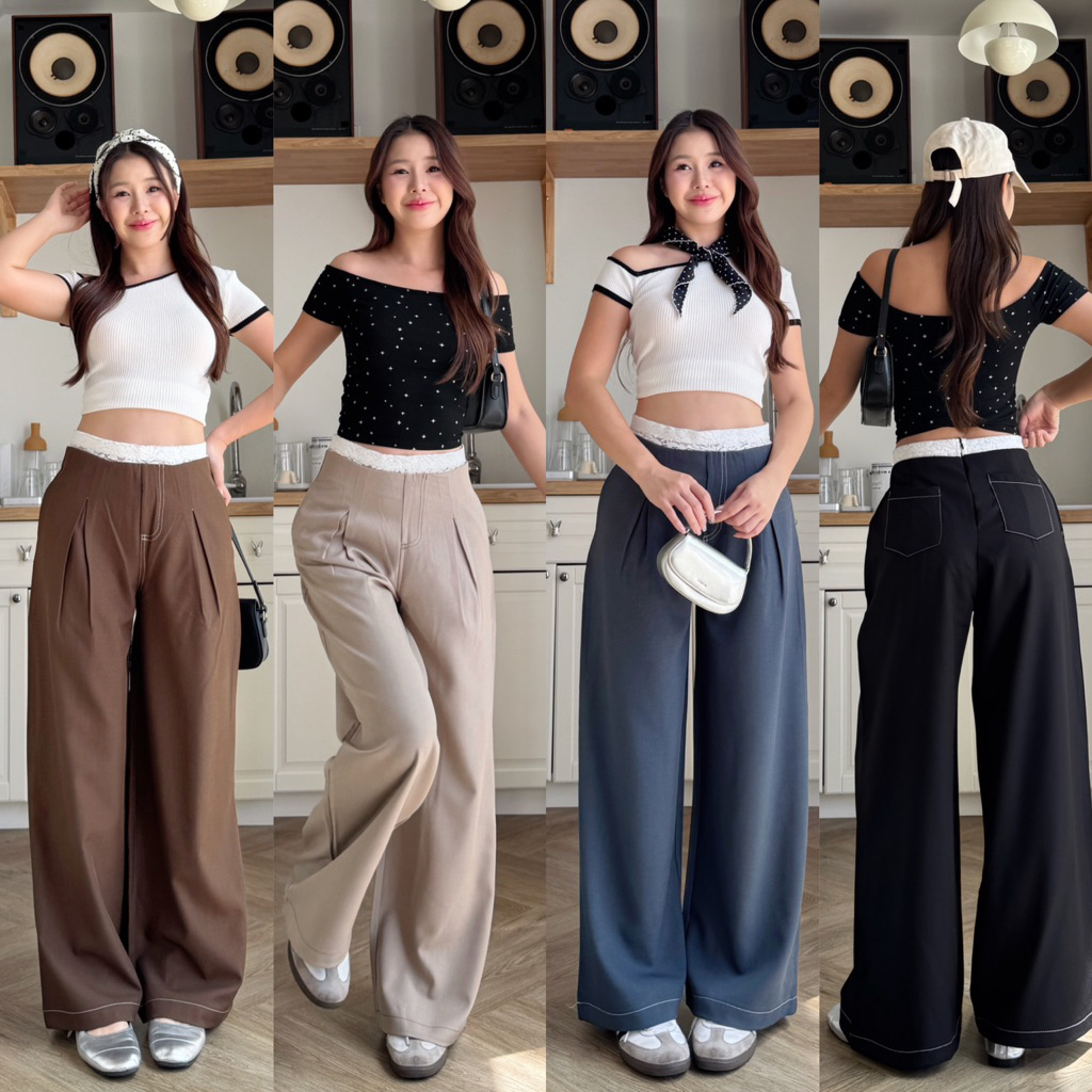 !NEW ARRIVAL- GRACE BASIC PANTs+lace! กางเกงทรงกระบอกซิปหลังเอวต่ำจ้า ตกแต่งขอบลูกไม้ ดีเทลเดินด้ายสี