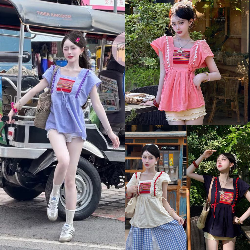 เสื้อผ้าฝ้าย รุ่นระบายรอบตัวเสื้อเพิ่มความล้านนาแต่งผ้าปักชาวเขา งานสวยสไตล์ลุคสาวเหนือสุดๆ
