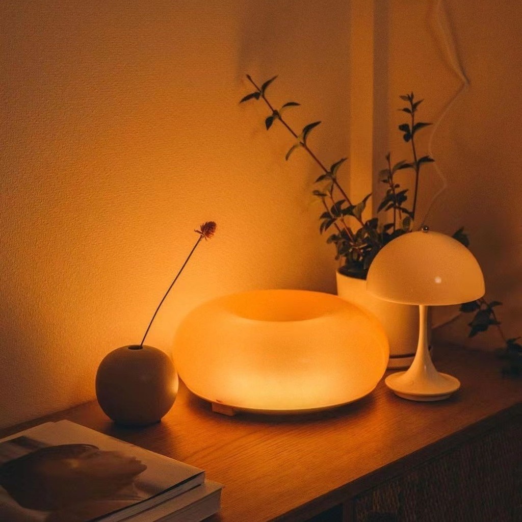 💎💎 Bauhaus โคมไฟข้างเตียงโดนัทโคมไฟติดผนัง LED โคมไฟตั้งโต๊ะกระจกสัมผัสสีส้มบรรยากาศแสง