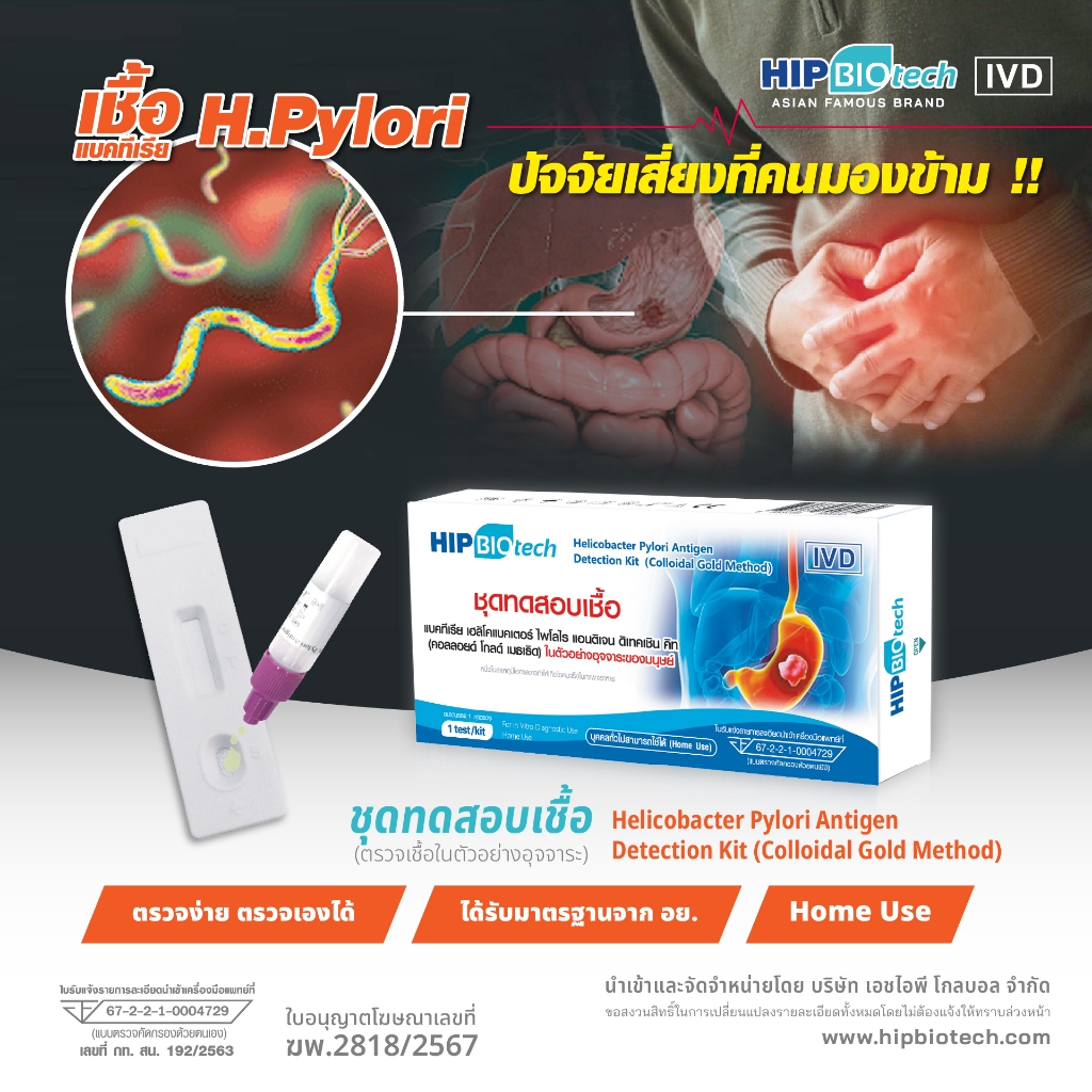 HIP Biotech ชุดตรวจแบคทีเรีย H.Pylori HIPBiotech สาเหตุมะเร็งกระเพาะอาหาร โรคกระเพาะอาหารเรื้อรัง กรดไหลย้อน