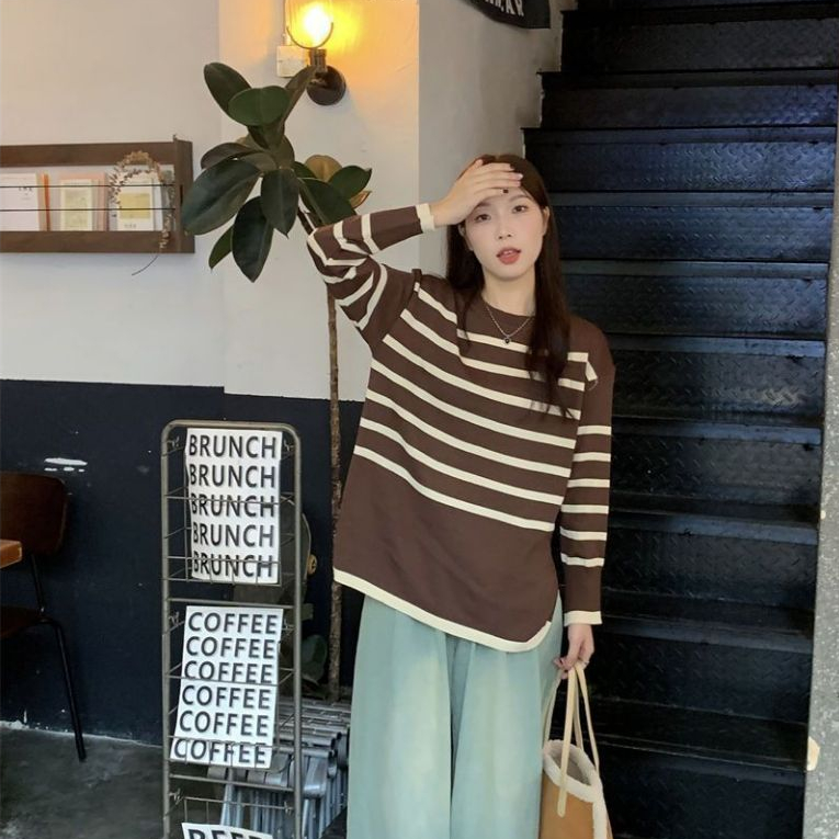 พร้อมส่งในไทย**เสื้อไหมพรมกันหนาว เสื้อแขนยาวลายทาง มีส่งด่วนกทม. Y264