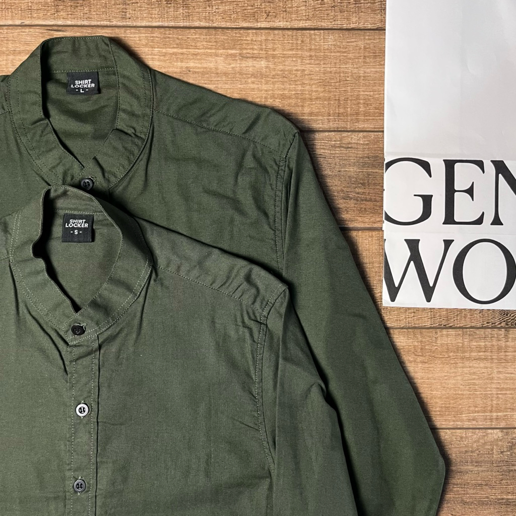 SHIRT LOCKER Cotton100% เชิ้ตคอจีนสีเขียวขี้ม้า