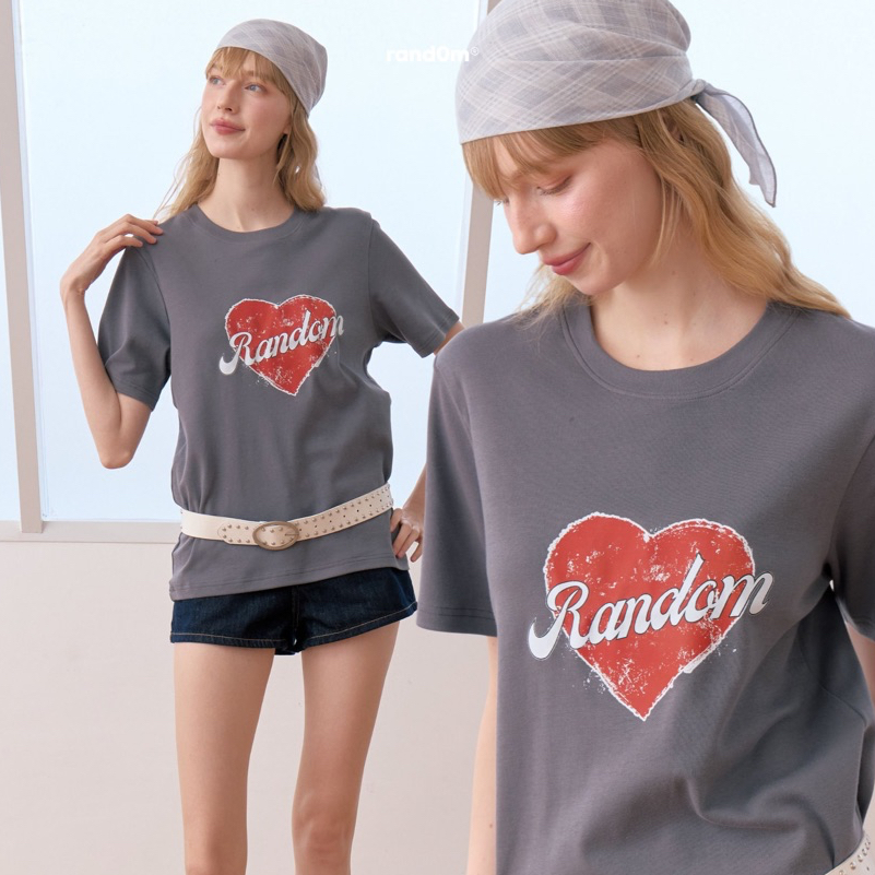 rand0m piece - Heart Logo Cropped Tee เสื้อยืดเทา สกรีนโลโก้หัวใจ unisex