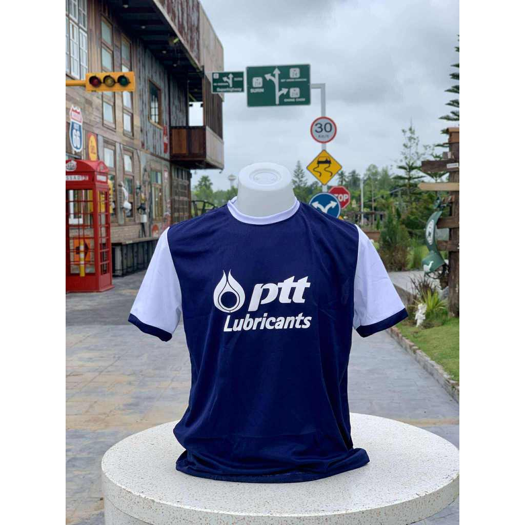 เสื้อ ptt คอกลมแขนสั้น  สีน้ำเงินแขนสีขาว