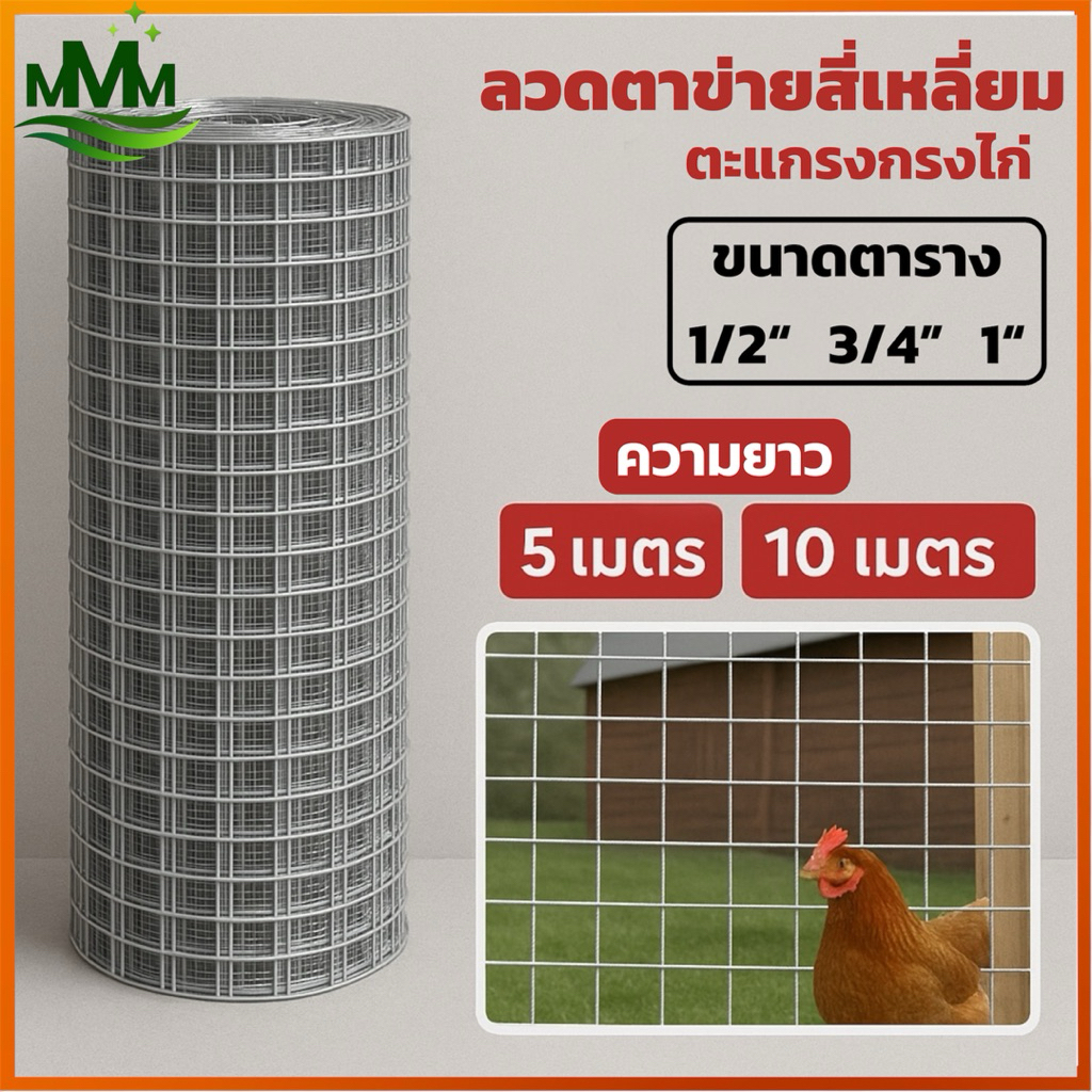 ตาข่ายกรงไก่ ตะแกรงลวดเหล็ก ชุบกัลวาไนซ์ ม้วน 5 ม. 10 ม. ตาสี่เหลี่ยมจตุรัส ช่อง 1/2” 3/4” 1” แข็งแรง ทนทาน