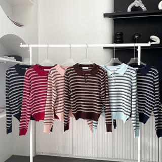 Eve Cardigan เสื้อโปโลแขนยาวคาดิแกนลายริ้ว