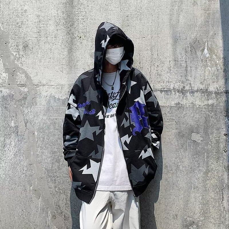 เสื้อกันหนาว เสื้อฮู้ดลายดาว เสื้อแจ็คเก็ตลำลอง พิมพ์ตัวอักษร แขนยาว ใส่ได้ทั้งชายและหญิง