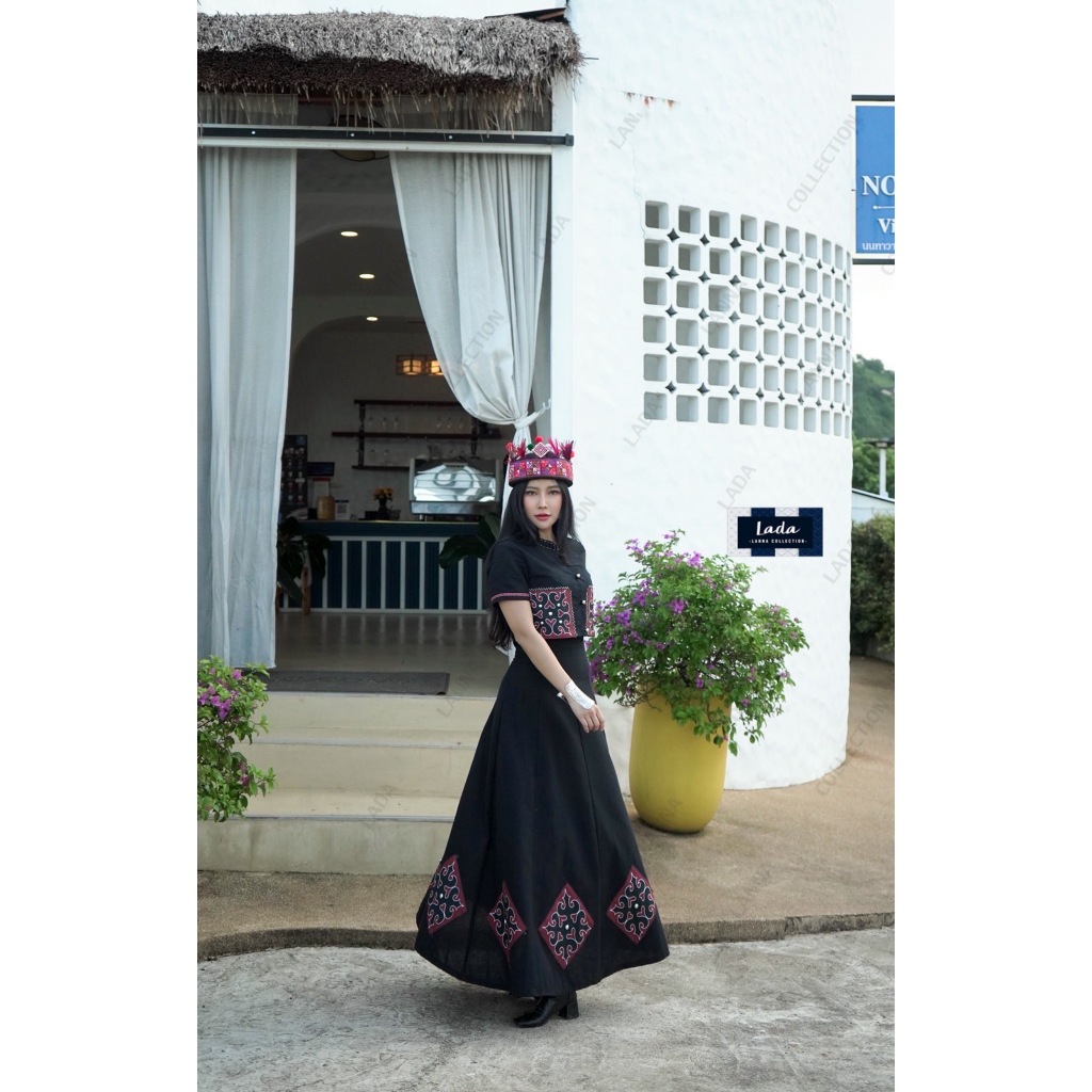 เซ็ทเสื้อคอจีนและกระโปรงทรง8ชิ้นผ้าโพลี่เอสเตอร์พิมพ์ลายดอกเมี่ยนมี2สี - รูปที่ 3