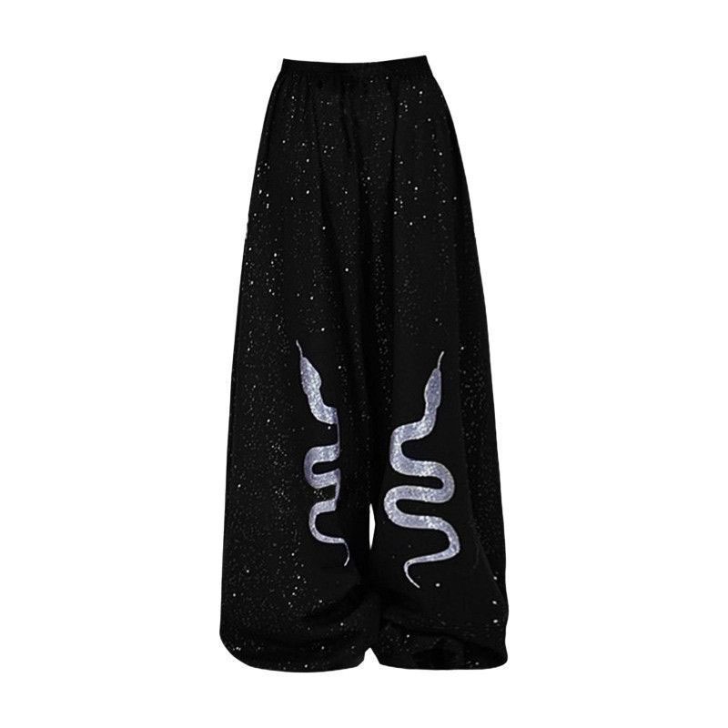 กางเกงวอร์มขากว้างพิมพ์ลายงูประดับเพชรแวววาวสีเงินแวววาวสำหรับผู้หญิงช่วงต้นฤดูใบไม้ร่วง - รูปที่ 2
