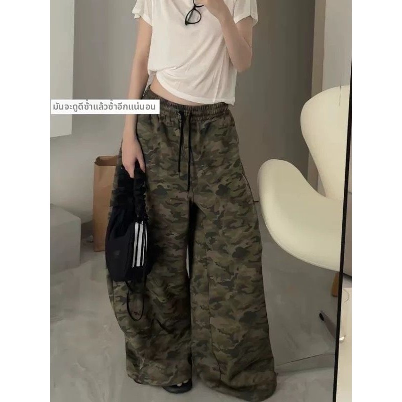 กางเกงลายพรางย้อนยุคสไตล์อเมริกันสำหรับผู้หญิงในฤดูใบไม้ผลิและฤดูร้อน เอวสูง หลวมๆ สไตล์สตรีท กางเกงขากว้างสบายๆ สไตล์ยุ