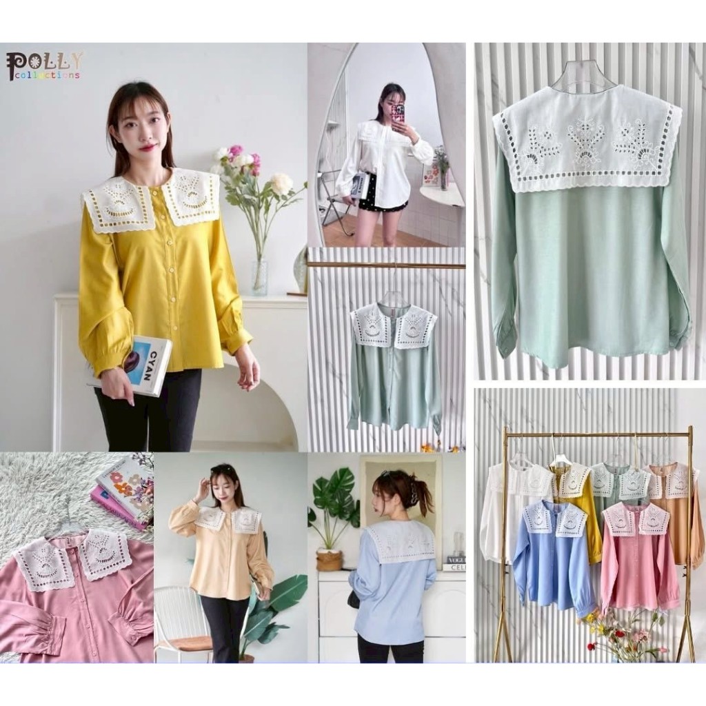 ป้าย Polly เสื้อเชิ้ตปกแต่งลูกไม้คอเหลี่ยมผ้าคอตตอนเนื้อนิ่ม อก 42 นิ้ว ยาว 25 นิ้ว