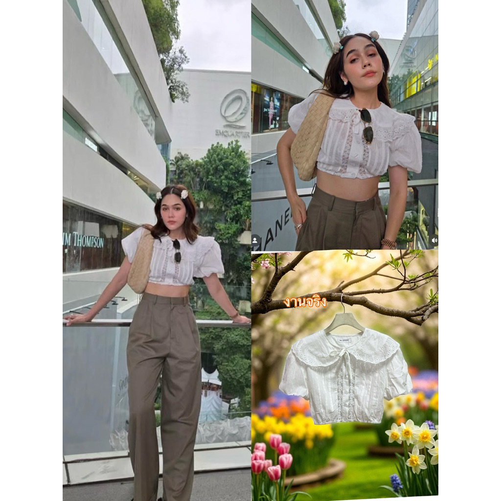 เสื้อครอปจั้มเอวปกบัวผ้าตอตต้อนเเต่งลูกไม้ฉลุงานสวยมากคร่า