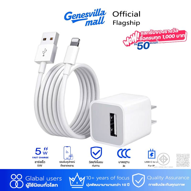 🔥หัวชาร์จ 5W 1A USB+1เมตร/ 2เมตร สายชาร์จ 2.4A adapter  for ip 5 6 7 8 plus x xr 11 12 13 14 pro max
