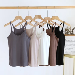 เสื้อกล้ามมีบราในตัว เสื้อกล้ามเว้าไหล่ ผ้าร่องนุ่ม ยืดหยุ่นใส่สบาย เสื้อสายเดี่ยว มี 5 สี Manycute