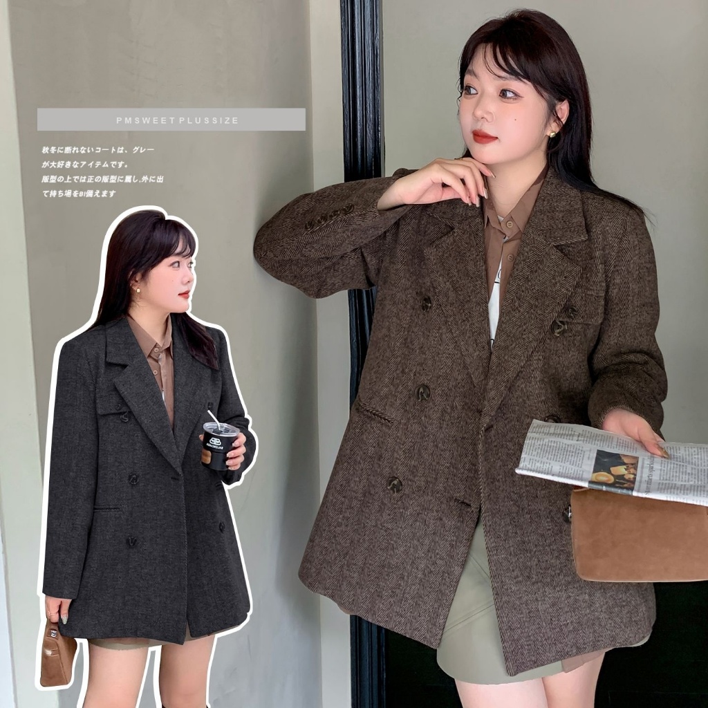 [ 🔥อกถึง 52" ] : PMP2445 : พรีออเดอร์ เสื้อแจ็คเก็ตลายก้างปลา ผ้าทวีด กันหนาวสำหรับผู้หญิงไซส์ใหญ่