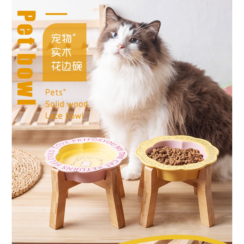 Kutiepom [ส่งจากไทย] ชามแมว สุนัข เซรามิกขาไม้ น่ารัก Cute Pet Cat Dog Ceramic Bowl with Wooden stand