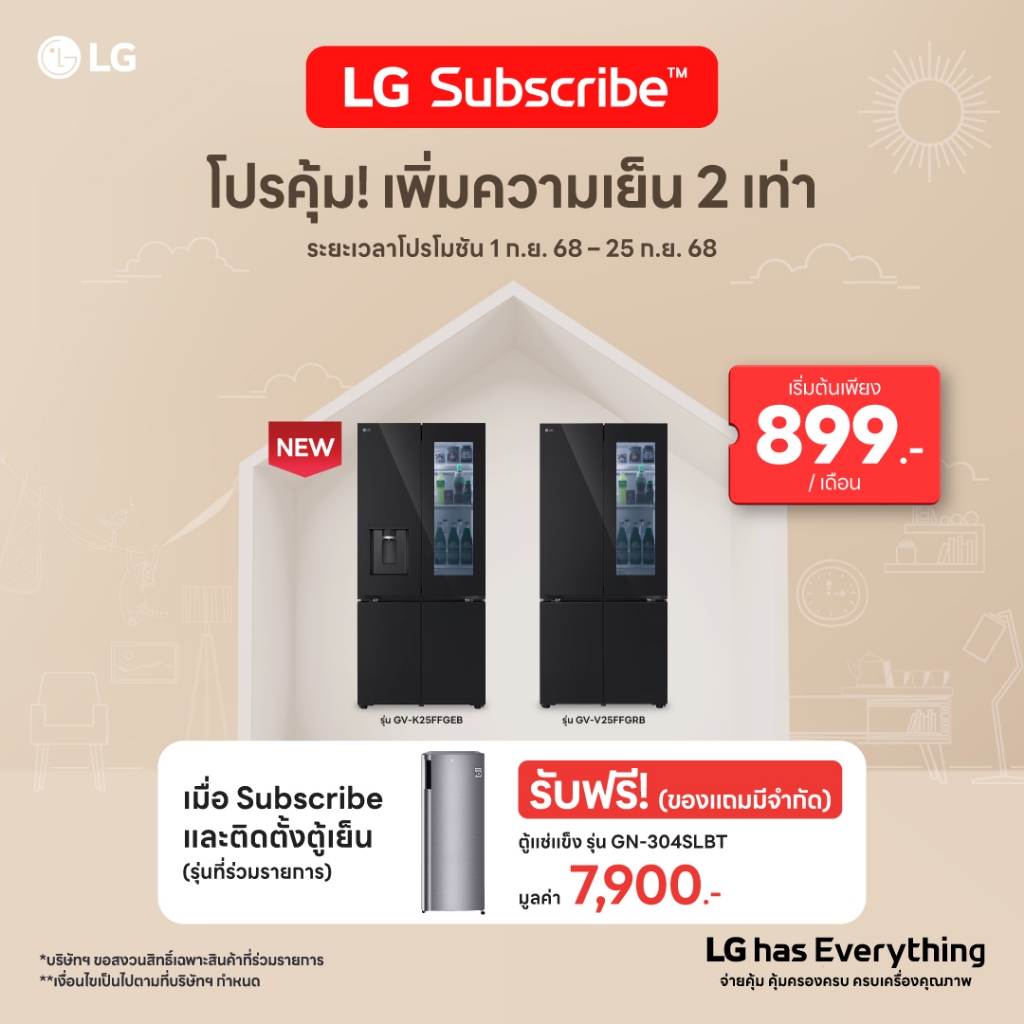 [ LG Subscribe ] ไม่ต้องดาวน์ ไม่ต้องจ่ายเงินก้อน ตู้เย็น Multi-Door 21.6 คิว รุ่น GV-V25FFGRB