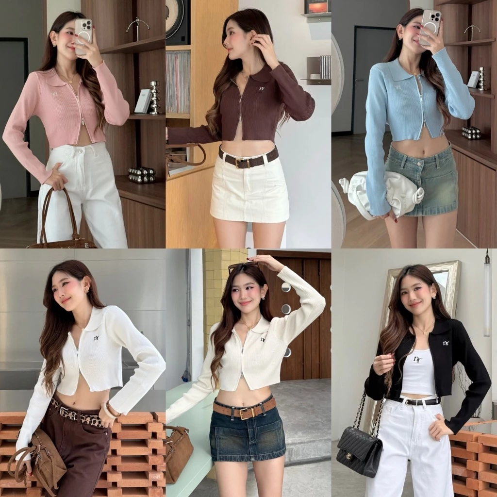 NICHARIS - เสื้อคาร์ดิแกนแขนยาวทรงครอป รุ่น Lora Crop Cardigan