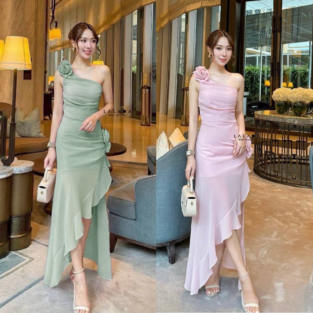 ❣️พร้อมส่ง📌 LALADA เดรสไหล่เฉียง แต่งดอกไม้ สีชมพู ใส่ออกงาน งานแต่ง เพื่อนเจ้าสาว ปาร์ตี้ PS.CLOSET