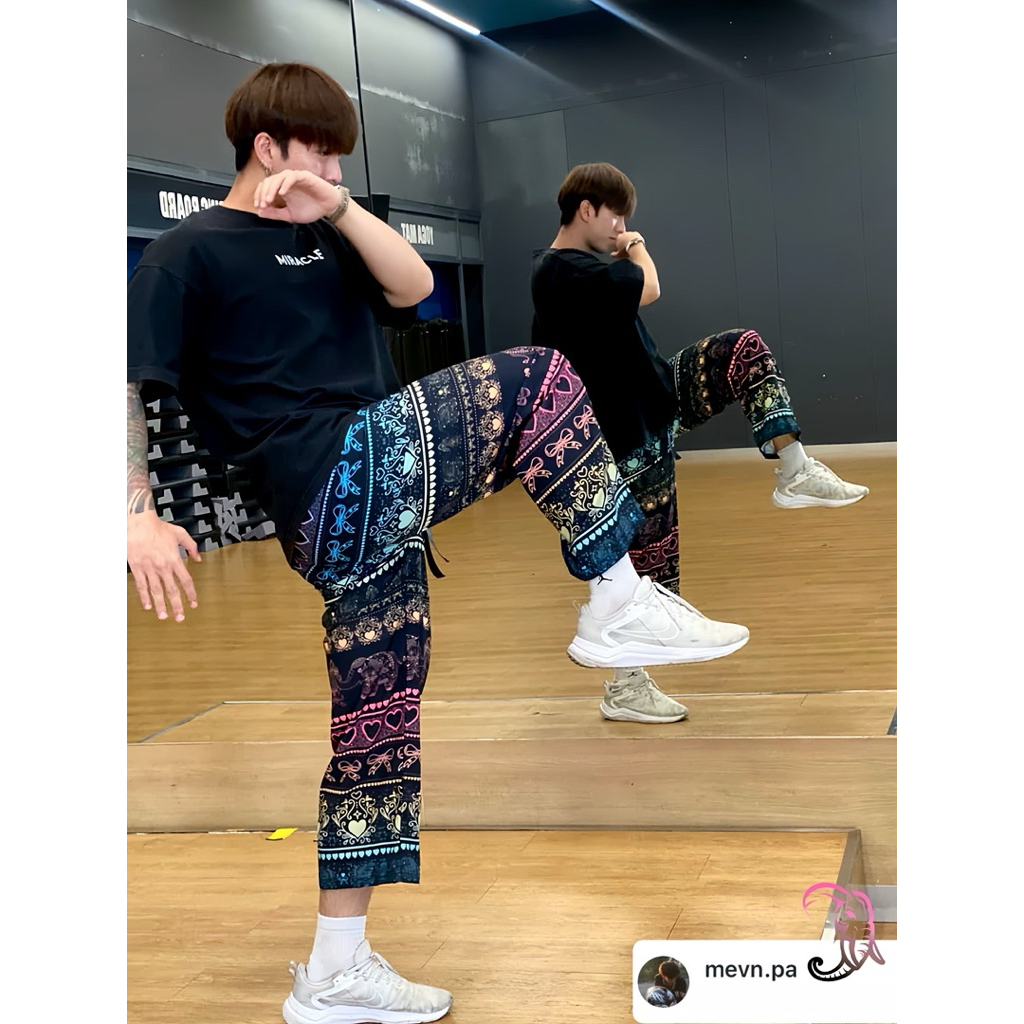 กางเกงไหมอิตาลี ลายช้าง ช้างพิมพ์สีดำทอง แบรนด์หมวยลี่ ชุดลายช้าง กางเกงขายาว ขนาดเอว 25-40 สะโพก 46-48 ยาว 39 นิ้ว ราคา ถูกที่สุด ดีลบีเคเค แกลเลอรีภาพที่ 2