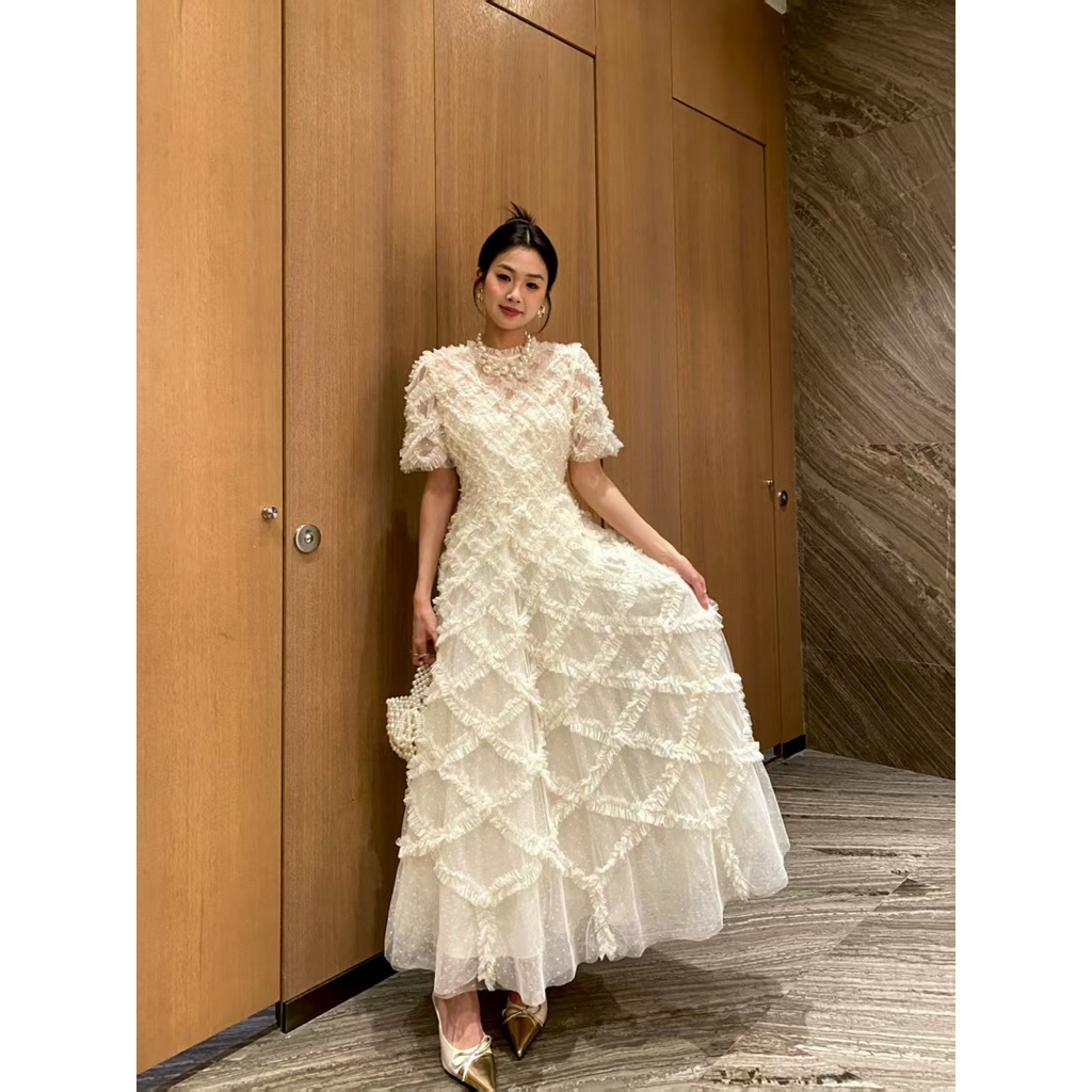 พร้อมส่ง Lavender brunch Lena dress ชุดเดรสสีครีมแขนสั้น ผ่าตาข่ายเนื้อละเอียด