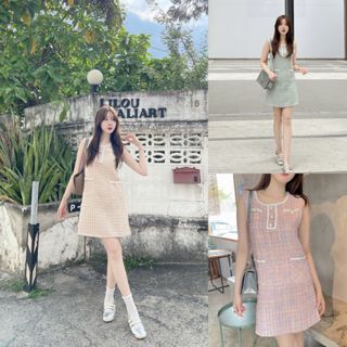 ส่งด่วน🚨 M ชมพู/เขียวมิ้นท์/พีช SLYQ BONBON TWEED DRESS ชุดเ…