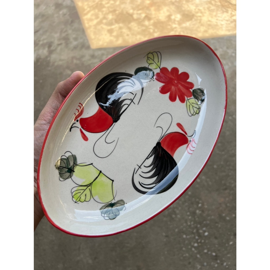 จานเปลเซรามิคตราไก่ จานทรงวงรี จานร้านอาหาร ขนาด10นิ้ว เนื้อสโตนแวร์ stoneware ceramic ออกใบกำกับภาษีได้