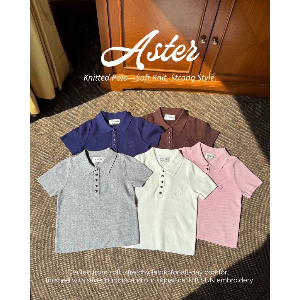 พร้อมส่ง*THESUNCO-Aster POLO (แอชเทอร์) เสื้อโปโลผ้าไหมพรม นุ่มยืด กระดุมเงินปักTHESUNCO