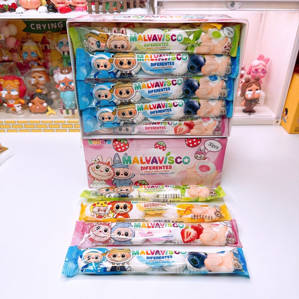 มาชเมลโล่ก้อนกลม ลาลาบู้ มีไส้ 4 รส 1 กล่อง 30 ซอง