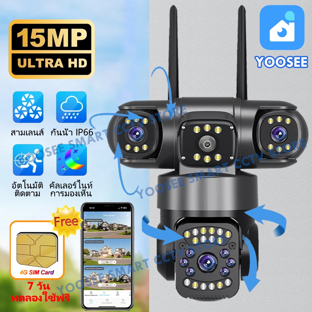 YOOSEE FNKvision 15MP เลนส์สามตัว 4G กล้องวงจรปิด แสดงภาพพร้อมกันบนสามจอ กันน้ำ 