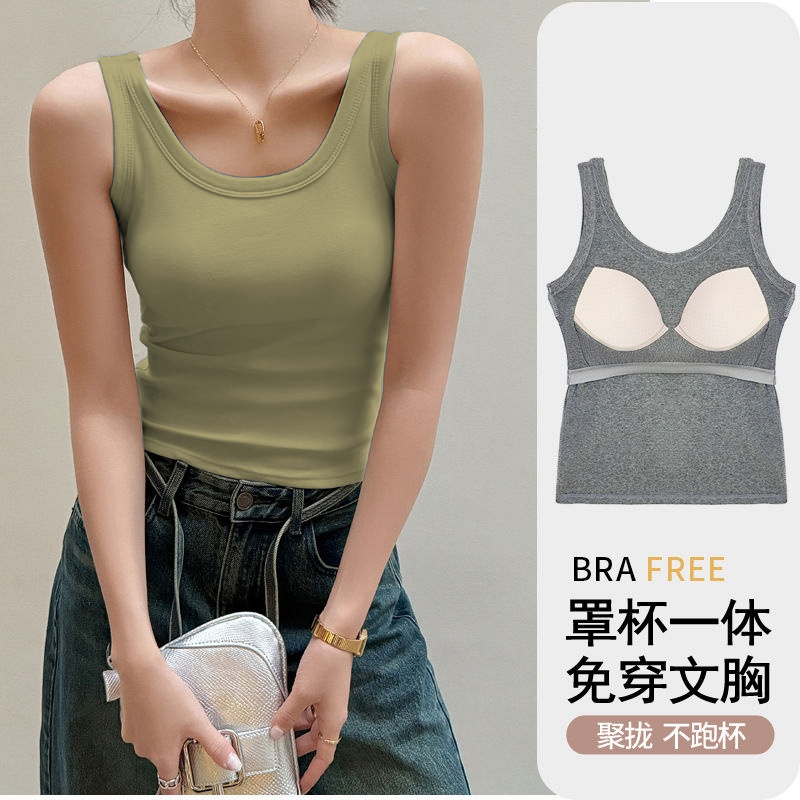 ( S-5XL) เสื้อกล้ามมีบรามีฟองน้ำในตัว เสื้อกล้ามแฟชั่นใหม่ สีพื้นเปิดไหล่ เสื้อกล้ามสำหรับสตรี นุ่มและสวมใส่สบาย