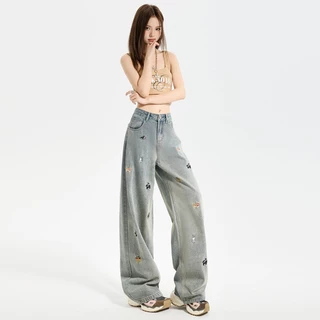1743-NEWSIZE/S-10XLกางเกงยีนส์ขายาวกระบอกกลางเอวต่ำสีสนิมฟอกปักลายสุนัขทั้งตัวใส่ได้ทั้งผู้ชายละผู้หญิงพร้อมส่ง