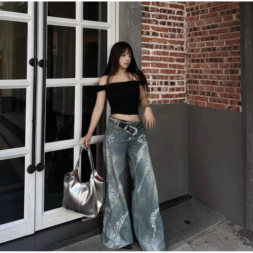 กางเกงยีนส์ขายาว เอวกลาง ขาม้างาน พิมพ์ลาย 3D ลายโบว์ แต่งรีดเพชร งาน ไฮเอนด์สุดหรู 8206