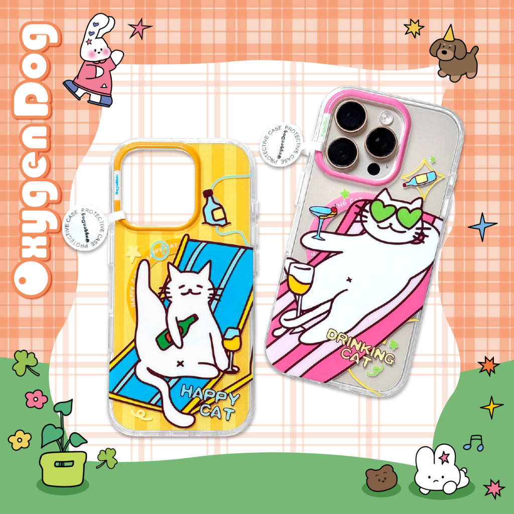 Oxygendog case เคสไอโฟน ลายการ์ตูน แมวเหลือง แมวชมพู For ipone 16ProMax 16 15ProMax 15 14 13