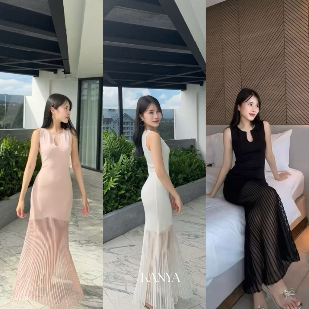 KANYA - LA ROSA DRESS เดรสไหมพรม คอตัวยู กระโปรงจับจีบซีทรู