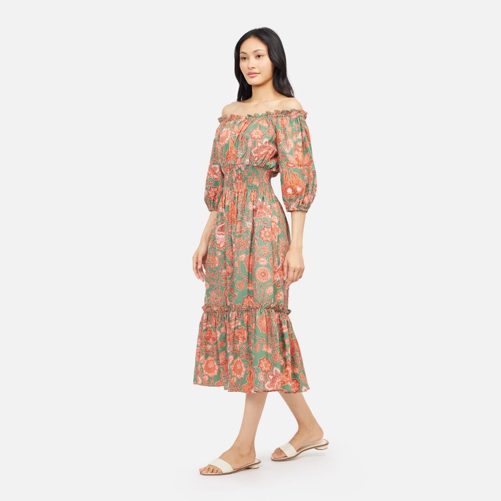 Sarung Lasem Cotton Smock Waist Shoulder Dress - Green/Orange