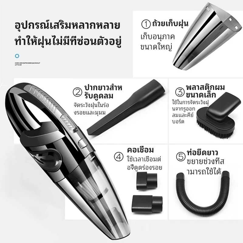 เครื่องดูดฝุ่นไร้สายแบบพกพาสำหรับใช้ในบ้านและในรถยนต์ ชาร์จไฟได้ ดูดแรงสูงพิเศษ รับประกัน 1 ปี thumbnail 3