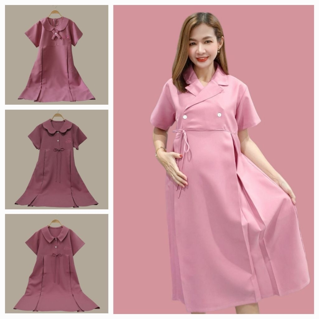 ชุดคลุมท้อง สีชมพู เดรสคนท้องน่ารักๆ อก34-42นิ้ว ปรับสายใส่ได้ถึงคลอด
