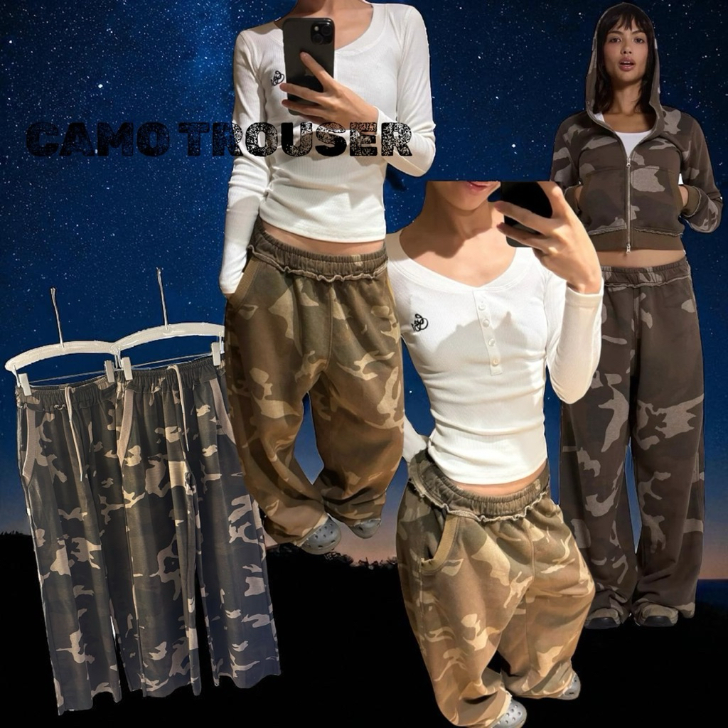 CAMO MILITARY SWEATPANTS🪖(490฿) Mo.studio กางเกงวอร์มผ้าฟอกวินเทจ ลายทหาร เอวยาว ยืด ขาปล่อยคะ เชือกรูดจะอยู่ด้านใน