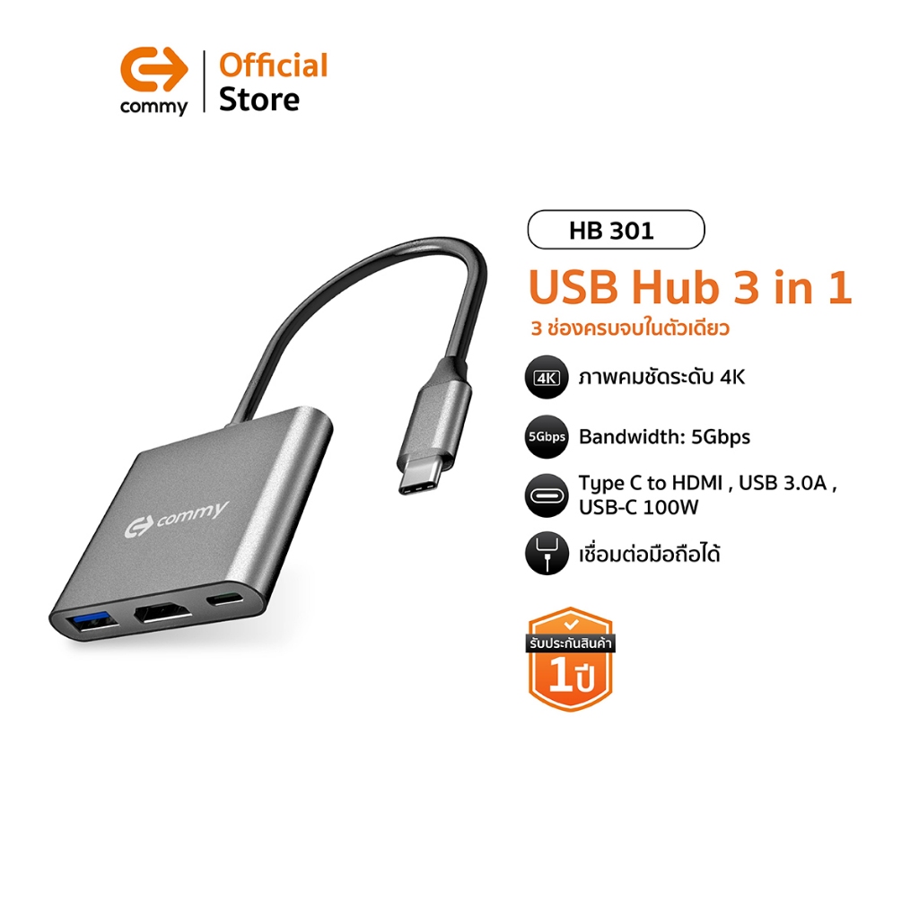 Commy USB Hub 3 ช่อง type c 3 Ports Adapter (HB 301) type c to hdmi รองรับการใช้งาน HDMI 4K hdmi ฮับ