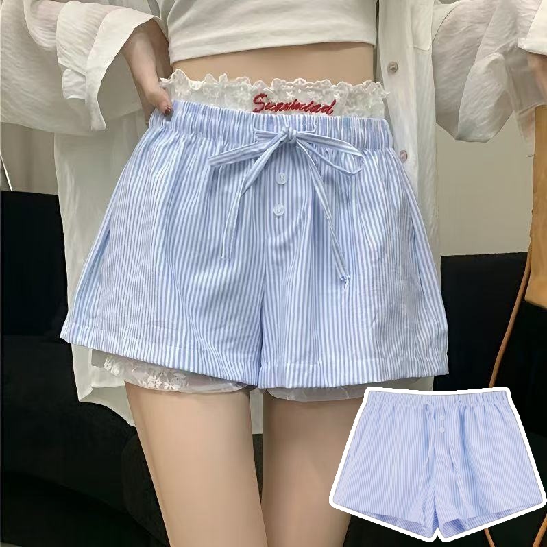 🧡Basic swimsuit💛 กางเกงขาสั้น กางเกงขากว้าง ฤดูร้อน สไตล์ใหม่ ลายทางสีน้ำเงิน เนื้อผ้าใส่สบาย