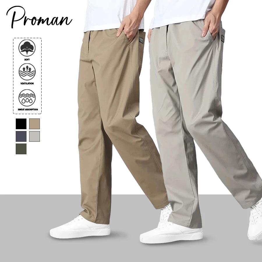 PROMAN กางเกงขายาว ชาย ห้าสีM-4XL ผ้าฝ้ายบริสุทธิ์ กางเกงลำลองผู้ชาย หลวมและระบายอากาศได้ การออกแบบกระเป๋าหลังแฟชั่น