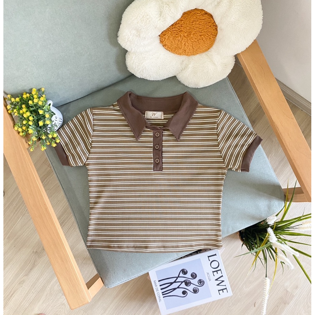 💕ShopBypuy💕เสื้อคอปกลายทาง🏁กระดุมใช้งานได้จริงเสื้อแขนสั้นลายทาง