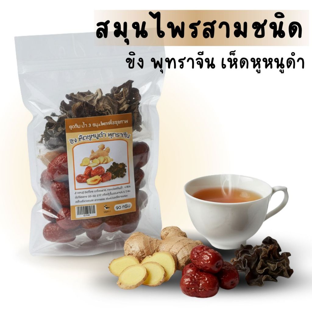 สมุนไพรสามชนิด 90 กรัม ขิง เห็ดหูหนูดำ พุทราจีน ชุดต้มน้ำสมุนไพร ราคา ถูกที่สุด ดีลบีเคเค