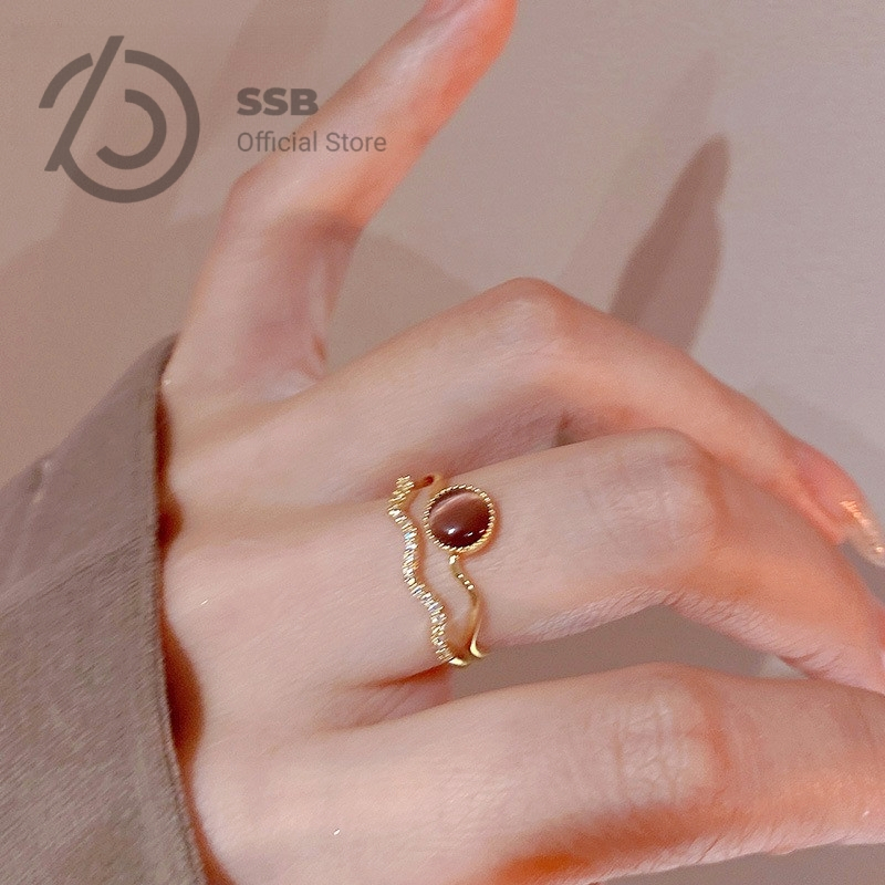 SSB แหวนพลอยตาแมว ซิร์โคเนียสองชั้น สไตล์ฝรั่งเศสวินเทจ S399
