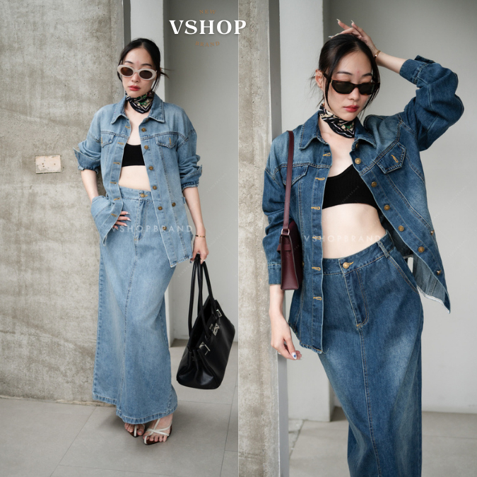 Set เสื้อยีนส์แขนยาวเส้นหน้าแต่งกระดุม+กป.ยาวผ่าหลัง งานป้ายvshop