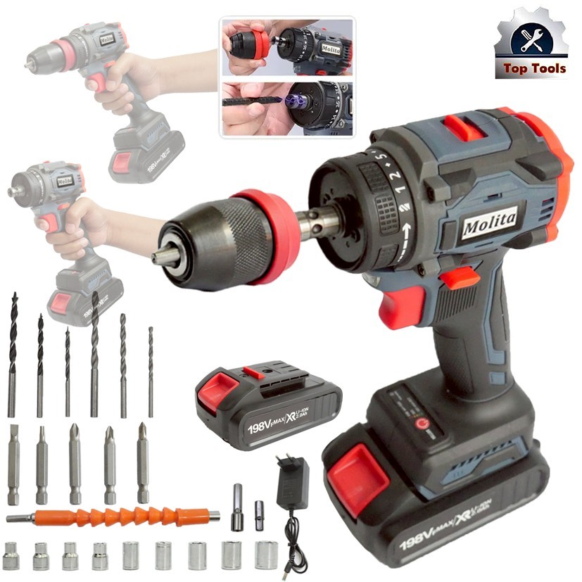 MOLITA สว่านไร้สาย สว่านไร้สายแท้ สว่านไฟฟ้าไร้สาย 198V ไขควง ไฟฟ้า สว่านไขควงไร้สาย สว่านไขควงกระแท