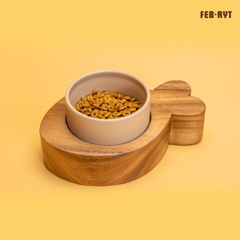 Fish Wooden Stand with bowl แท่นไม้ตันทรงปลา+ชามเซรามิคสัตว์เลี้ยง
